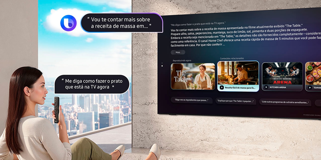 Woman sitting in living room asks Bixby "Recommend me an artwork that suits today's weather" as it rains outside by speaking into a TV remote. Bixby with Bixby logo displays the answer "Based on today's weather, I recommend artworks like…" with art recommendations on a large Samsung TV.