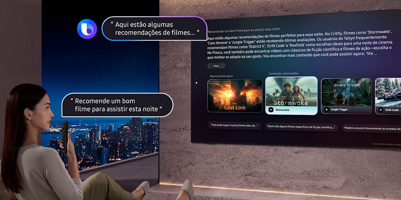 Uma mulher sentada na sala de estar pergunta "Recomende um bom filme para eu assistir hoje à noite" no controle remoto da TV. A Bixby com o logotipo da Bixby responde "Aqui estão algumas recomendações de filmes perfeitas..." na TV Samsung, exibindo a resposta junto com recomendações de filmes baseadas em The Last Link, que está em cartaz no momento.