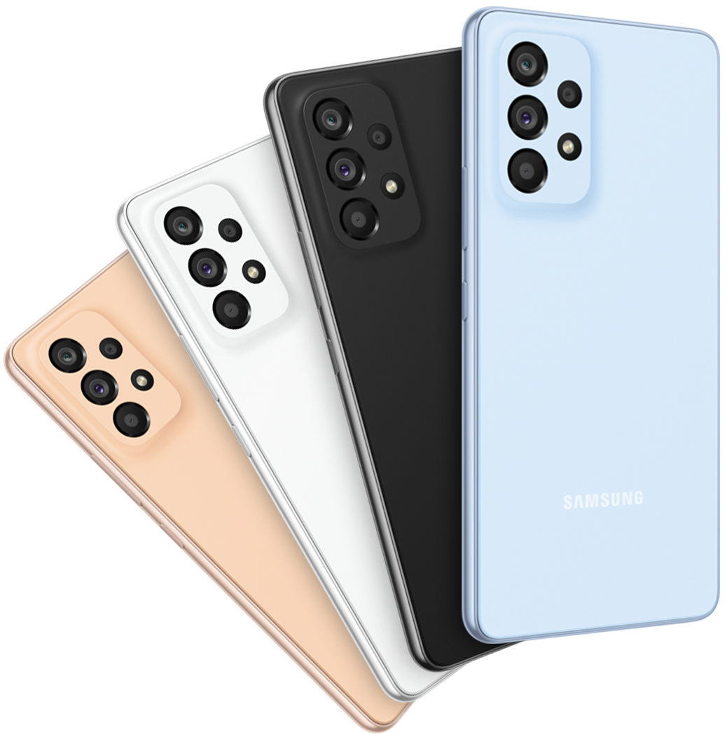 Four Galaxy A53 5G phones in Awesome Blue, Awesome Black, Awesome White and Awesome Peach fanned out and seen from the rear.