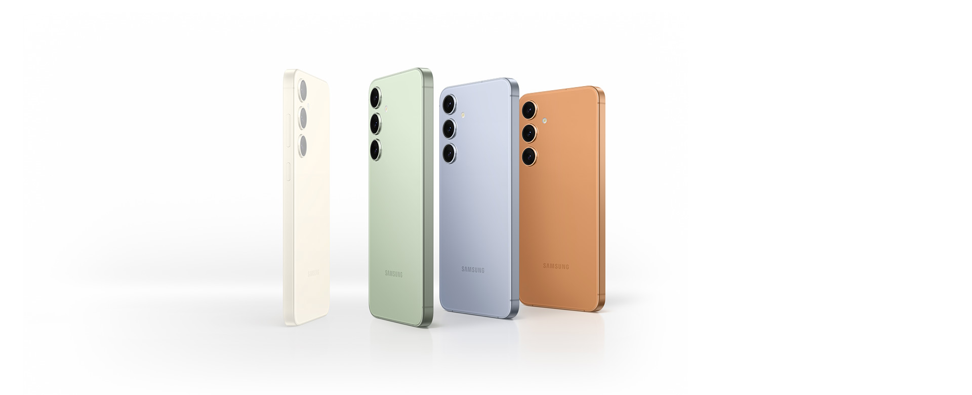 Galaxy S24 series device in Amber Yellow, then devices in online exclusive colors Jade Green, Sapphire Blue and Sandstone Orange.
