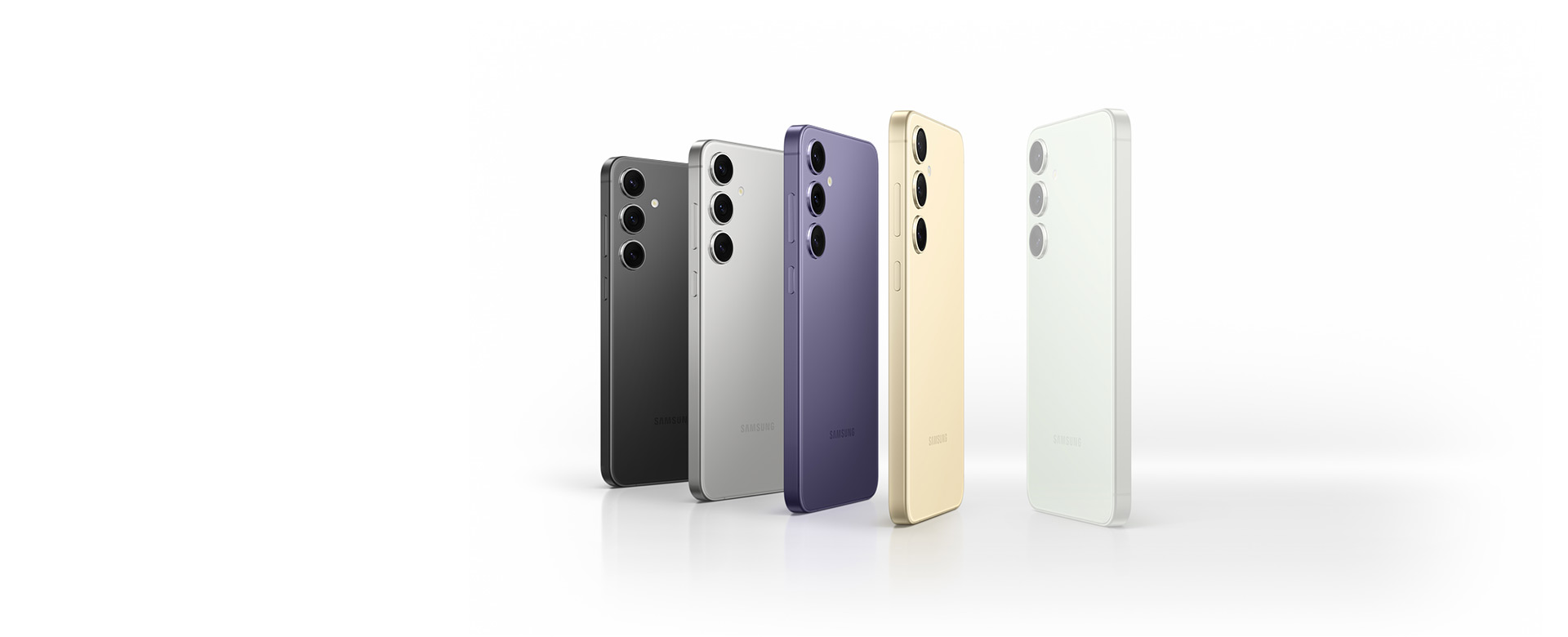 Galaxy S24 series devices in Onyx Black, Marble Gray, Cobalt Violet and Amber Yellow, then a Galaxy S24 series device in online exclusive colour Jade Green.