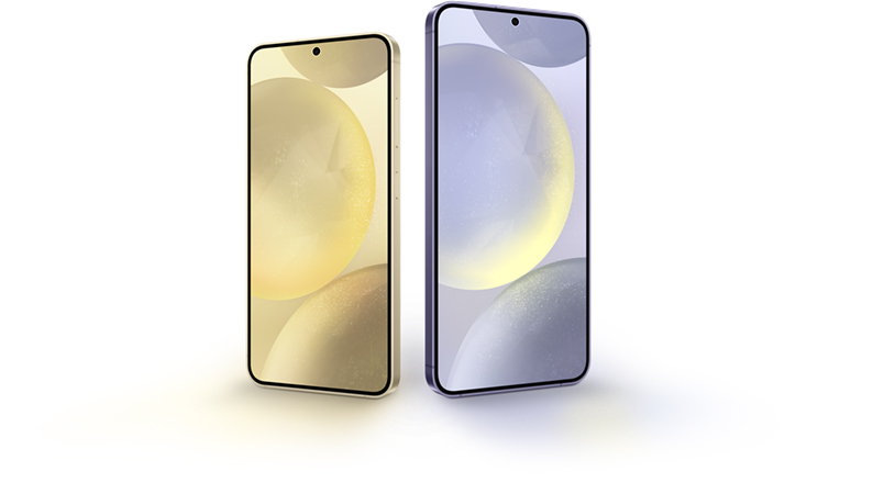 Galaxy S24 in Amber Yellow and Galaxy S24 plus in Cobalt Violet are seen from the front.