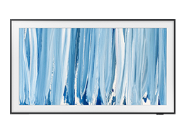 A Samsung The Frame Pro LS03HW TV displays abstract artwork in blue and white tones on screen.