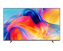 A Samsung Mini LED M70H TV displays blue, red and orange abstract design on screen.