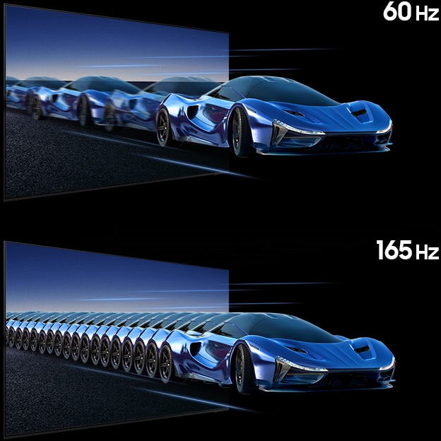 Split comparison demonstrating Motion Xcelerator 165Hz. Top section labeled 60 Hz shows a blue sports car in motion with visible blur and fewer repeated frames trailing behind it, indicating lower refresh rate. Bottom section labeled 165 Hz shows the same car with many more motion instances closely aligned, creating smoother, clearer movement with reduced blur and sharper detail at high speed.