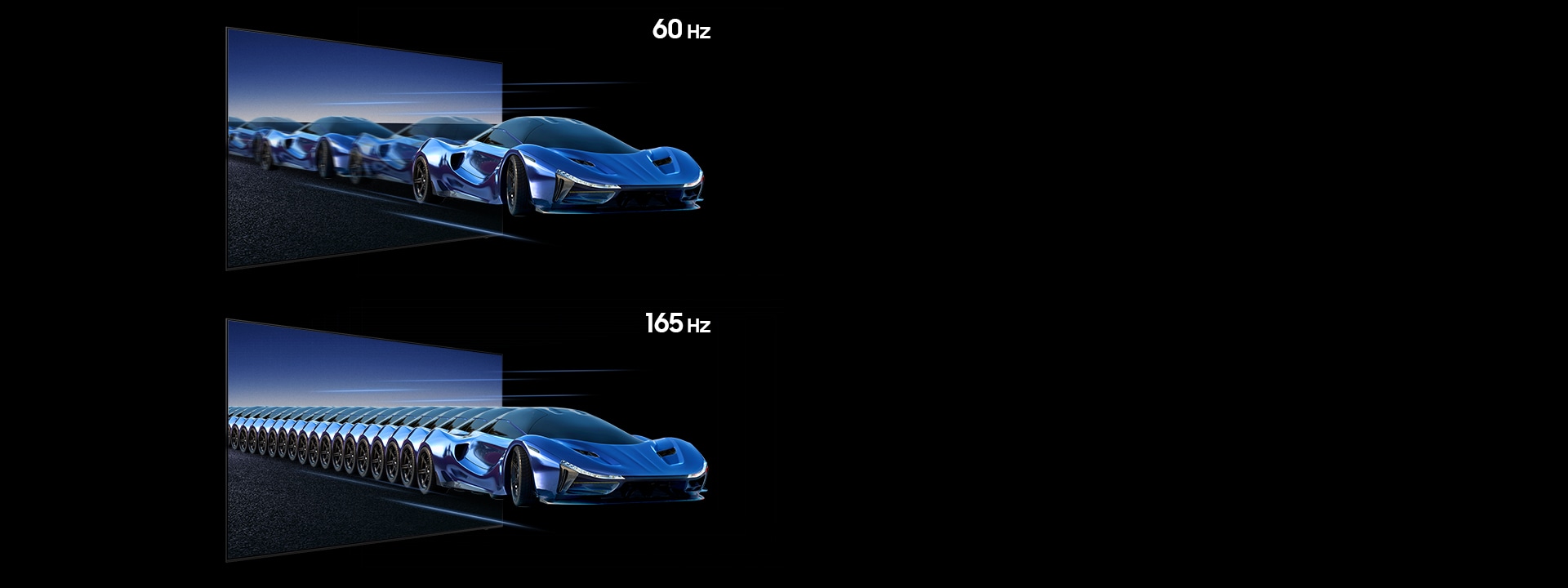 Split comparison demonstrating Motion Xcelerator 165Hz. Top section labeled 60 Hz shows a blue sports car in motion with visible blur and fewer repeated frames trailing behind it, indicating lower refresh rate. Bottom section labeled 165 Hz shows the same car with many more motion instances closely aligned, creating smoother, clearer movement with reduced blur and sharper detail at high speed.