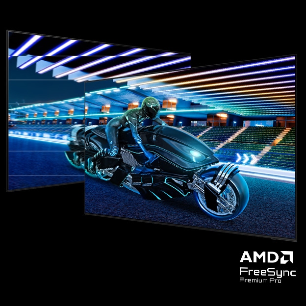 Two overlapping gaming screens show a futuristic rider on a sleek, neon-lit motorcycle racing through a brightly illuminated stadium at night. The left screen shows visible screen tearing. The right screen shows the same scene rendered smoothly and seamlessly, with no tearing or distortion. AMD FreeSync Premium Pro logo highlights tear-free, responsive gameplay performance.