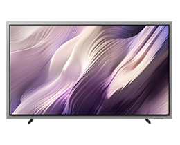 Un téléviseur Samsung OLED S95H affiche un paysage abstrait blanc teinté de pourpre à l’écran.