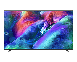 A Samsung Micro RGB R85H TV displays colorful, abstract landscape on screen.