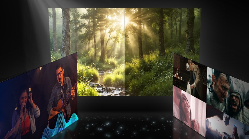 Drei Fernsehbildschirme zeigen, wie der AI Mode die Bild- und Toneinstellungen für verschiedene Arten von Inhalten anpasst.