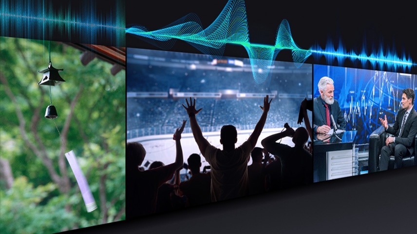 Drei Fernsehgeräte geben den Ton unterschiedlich wieder, was durch Audiobalken über den Fernsehgeräten angezeigt wird, die für die Art der abgespielten Inhalte optimiert sind.