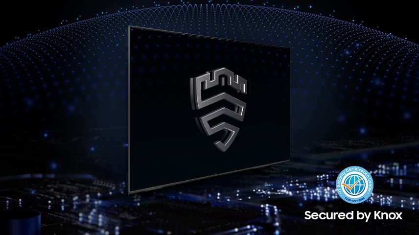 Samsung Knox Security-Logo auf einem Fernsehbildschirm. Secured by Knox-Logo.