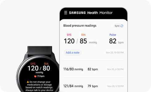 Visualização das leituras de pressão arterial no Samsung Health Monitor.