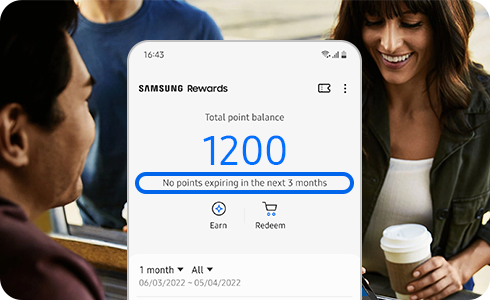 Visualização do saldo do Samsung Rewards com a seção de expiração de pontos destacada.
