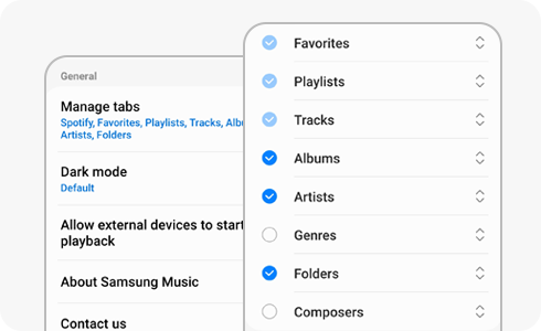 Visualização do menu Samsung Music com a tela Gerenciar guias.