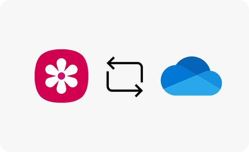 Ícones da Galeria e do OneDrive com um ícone de sincronização entre eles.