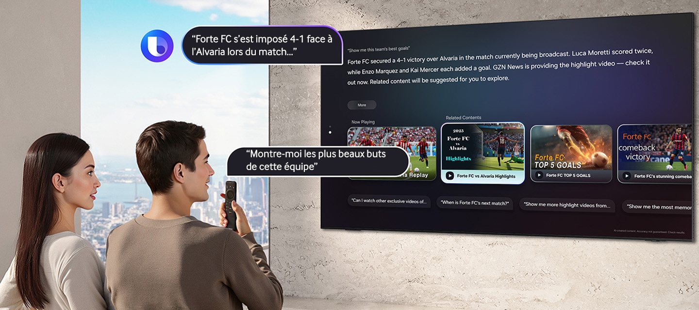 Man and woman sitting in living room and the man asks Bixby "Show me this team's best goals" by speaking into a TV remote. Bixby with Bixby logo displays the answer "Forte FC secured a 4-1 victory over Alvaria in the..." with details on a large Samsung TV.