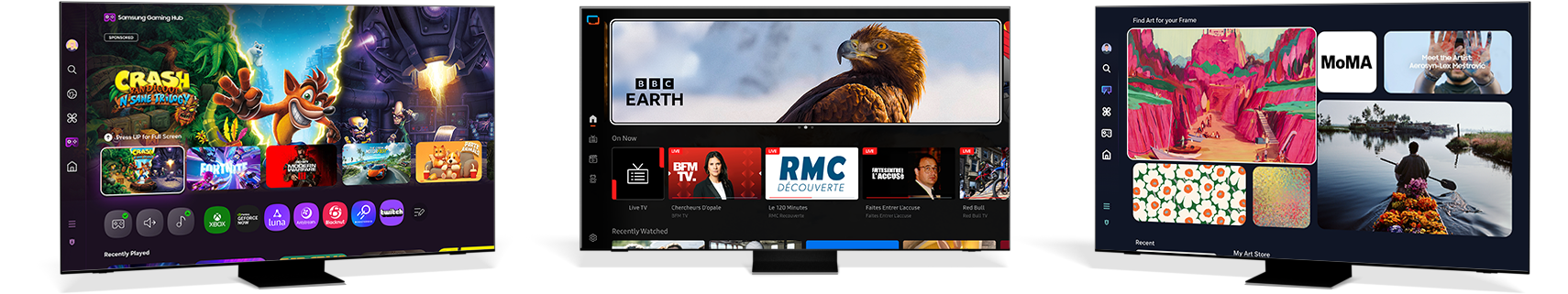 Trois téléviseurs présentant l'interface utilisateur de Gaming Hub, Samsung TV Plus et Art Store.