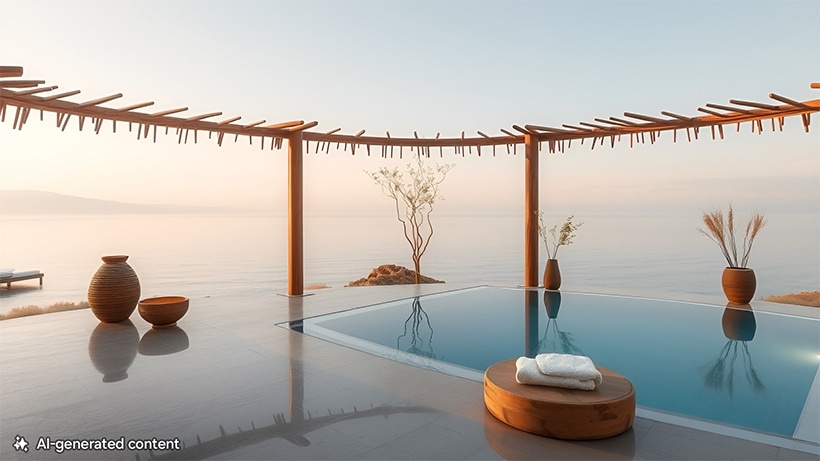 Une piscine extérieure entourée de décorations telles que des plantes et des décorations en bois. Une note au bas de la page indique que le contenu a été généré par l'IA.
