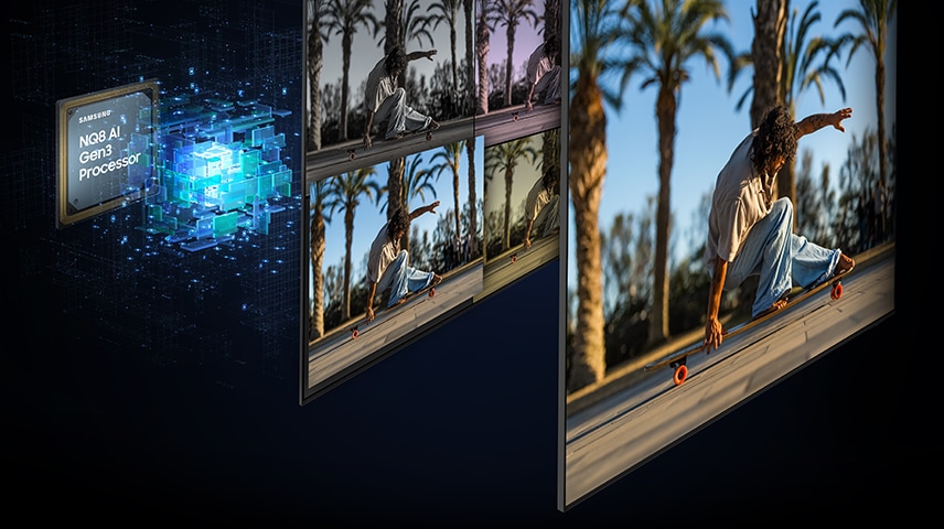 Samsung NQ8 AI Gen3 Processor arbejder bag skærmen for at optimere billedeindstillingerne, hvilket resulterer i et skarpt, levende billede.