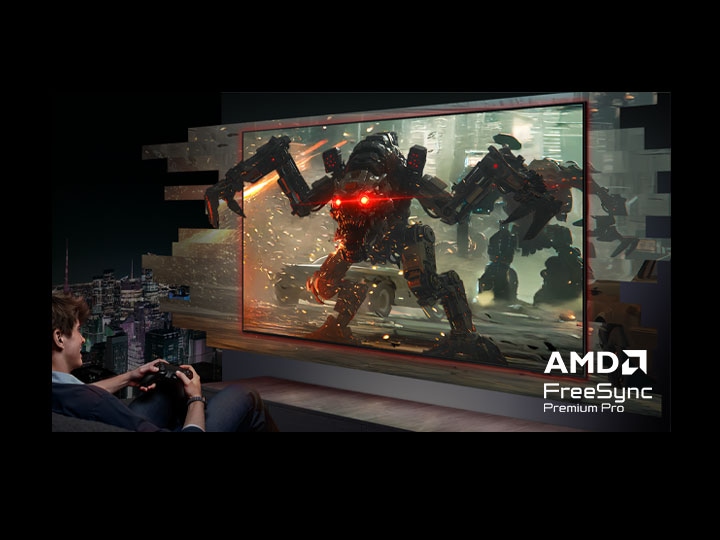 Muž hraje na televizi s hyperrealistickým obrazem, který téměř vystupuje z obrazovky. Logo AMD FreeSync Premium Pro.