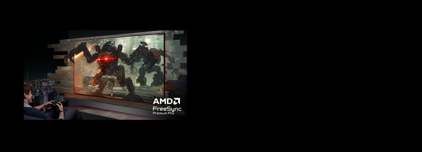 Mies pelaa pelejä televisiolla, jonka hyperrealistinen kuvanlaatu saa elementit näyttämään ponnahtavan ulos ruudulta. AMD FreeSync Premium Pro-logo.