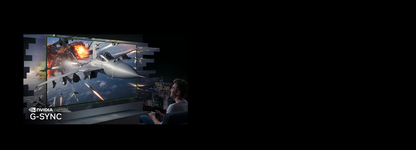 Man gaming on a Samsung OLED TV. An action-filled air combat game scene appears to pop out of the screen. NVIDIA G-Sync logo.