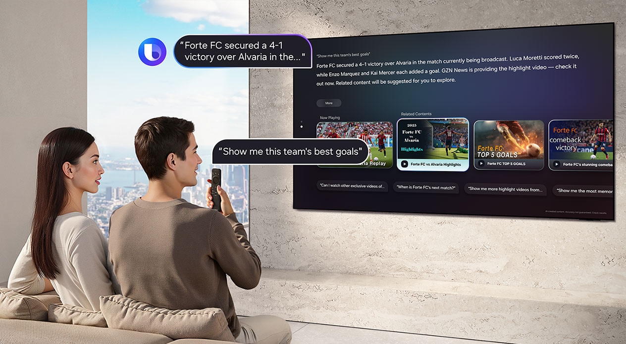 Man en vrouw zitten in de woonkamer en de man vraagt Bixby 'Laat me de beste goals van dit team zien' door in de afstandsbediening van de TV te spreken. Bixby met Bixby-logo toont het antwoord 'Forte FC verzekerde zich van een 4-1 overwinning op Alvaria in de...' met details op een grote Samsung-TV.