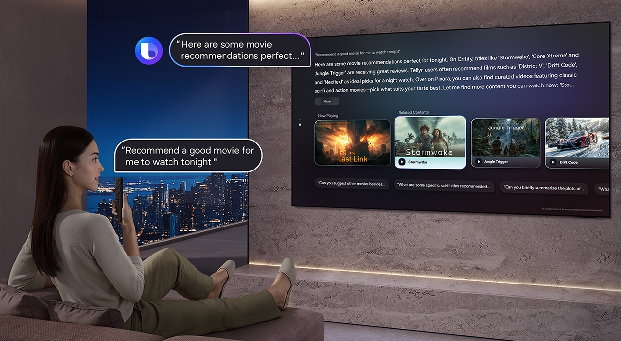 Vrouw in woonkamer spreekt 'Raad een goede film aan die ik vanavond kan kijken' in de afstandsbediening van de TV. Bixby met Bixby-logo antwoordt 'Hier zijn een aantal filmaanbevelingen die perfect zijn voor...' op de grote Samsung-TV door het antwoord weer te geven samen met filmaanbevelingen op basis van The Last Link die nu wordt afgespeeld.