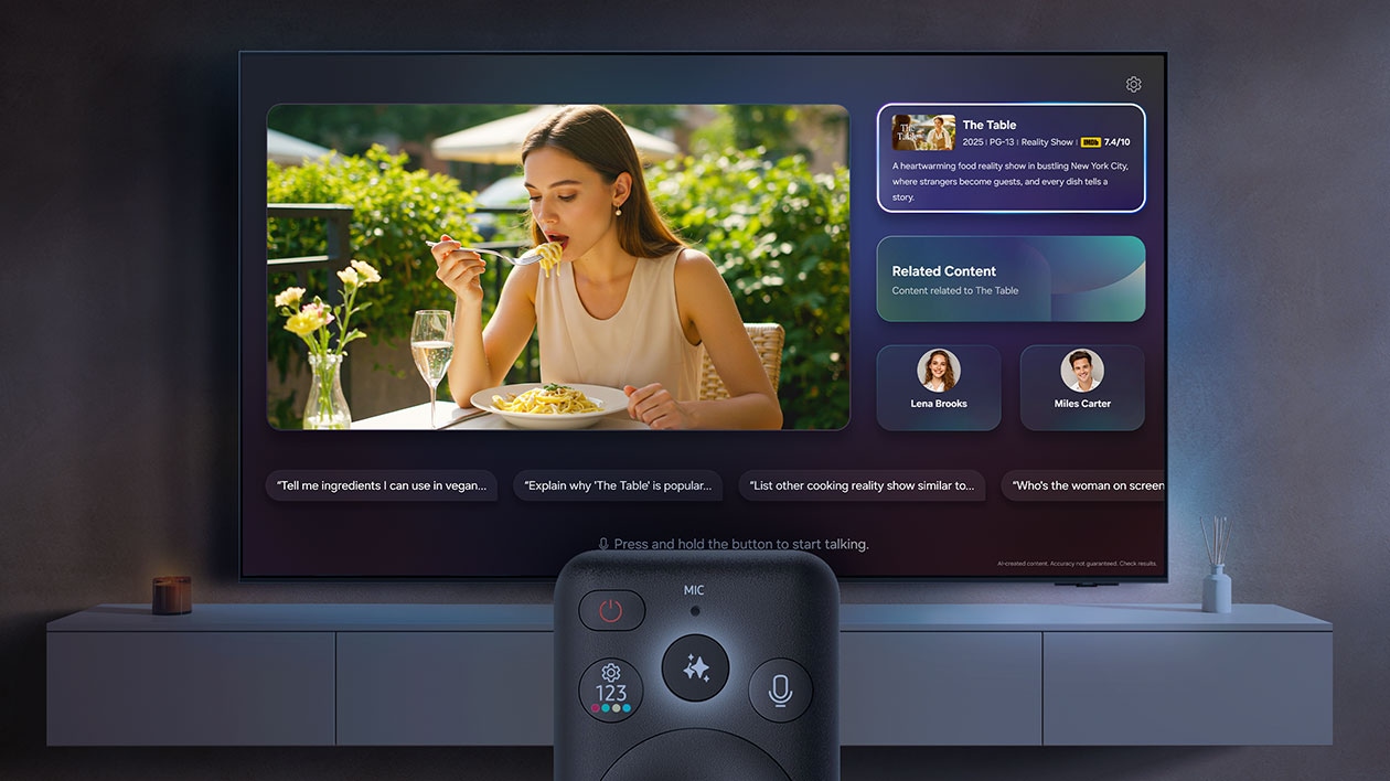 Die „Click to Search“-Funktion zeigt auf einem Samsung TV Informationen zur Sendung „The Table“, damit verwandte Inhalte und Namen der Schauspieler*innen. Währenddessen wird auf einer nahegelegenen Fernbedienung die Samsung Vision AI-Taste betätigt.