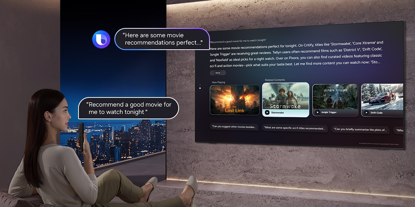 Vrouw in woonkamer spreekt 'Raad een goede film aan die ik vanavond kan kijken' in de afstandsbediening van de TV. Bixby met Bixby-logo geeft als antwoord 'Hier zijn een aantal filmaanbevelingen die perfect zijn voor...' op de grote Samsung-TV samen met filmaanbevelingen op basis van The Last Link die nu wordt afgespeeld.