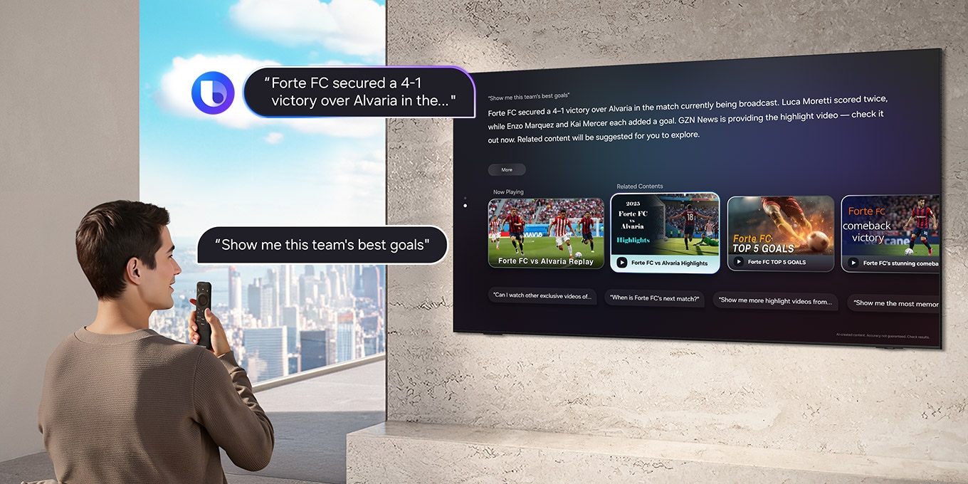 Man in de woonkamer vraagt Bixby 'Laat me de beste goals van dit team zien' door in de afstandsbediening van de TV te spreken. Bixby met Bixby-logo toont het antwoord ‘Forte FC verzekerde zich van een 4-1 overwinning op Alvaria in de...’ met details op een grote Samsung-TV.