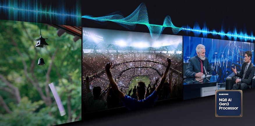 Lydbølger under TV-en endrer form når TV-lyden tilpasser seg dialogen, orkesteret og fotballkampen som vises.