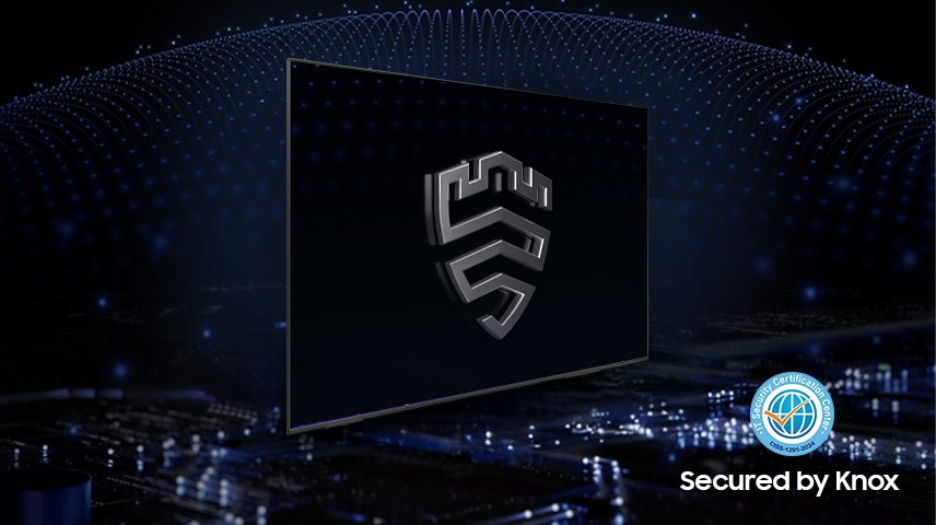 Beveiligingslogo van Samsung Knox op een TV-scherm. Logo 'Secured by Knox'.