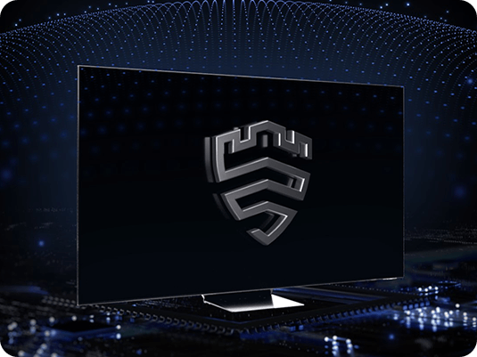 Το λογότυπο του Samsung Knox Security σε μαύρο φόντο επάνω στην οθόνη της τηλεόρασης Samsung OLED 2024.
