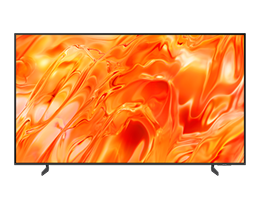 A Samsung Mini LED M80H TV displays orange and green abstract design on screen.