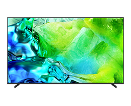 A Samsung Mini LED M80H TV displays orange and green abstract design on screen.
