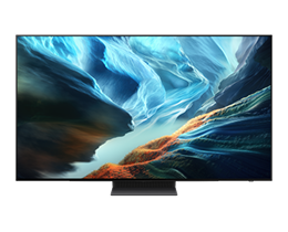 A Samsung OLED S90H TV displays white abstract landscape tinged in purple on screen.