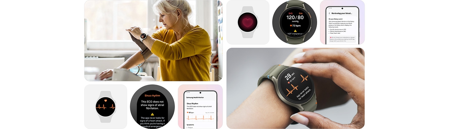 At the top left, a woman putting a blood pressure cuff on her right arm while wearing a Samsung Galaxy Watch on the wrist of the opposite arm. At the top right, three screens show the blood pressure reading process – a Samsung Galaxy Watch showing a heart icon, a smartwatch screen with a reading of 120/80 and a smartphone screen showing information on the blood pressure reading. At the bottom left, three screens show the process of taking the ECG test – a Samsung Galaxy Watch displaying the up-and-down rhythms of regular cardiac cycles, a smartwatch screen claiming a regular Sinus rhythm with no signs of atrial fibrillation and a smartphone screen reviewing the results of the ECG reading. At the bottom right, a Samsung Galaxy Watch on a person's wrist conducting an ECG test.

