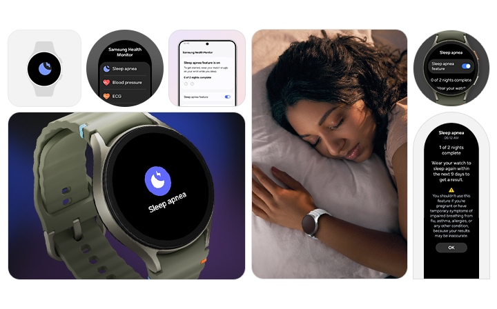 At the top left, three screens illustrate the sleep apnea feature. A Samsung Galaxy Watch displaying the Sleep apnea feature icon, a smartwatch screen displaying the Samsung Health Monitor app and a smartphone screen running the Samsung Health Monitor app, with the Sleep apnea feature turned on. At the bottom left, a Samsung Galaxy Watch shows the Sleep apnea feature icon with the text Sleep apnea. In the center, a woman sleeping with a Samsung Galaxy Watch on her wrist. At the top right, a Samsung Galaxy Watch displays the Sleep apnea feature toggle turned on. At the bottom right, a smartwatch screen shows that 1 of 2 nights of monitoring is complete, followed by a warning message and an OK button.