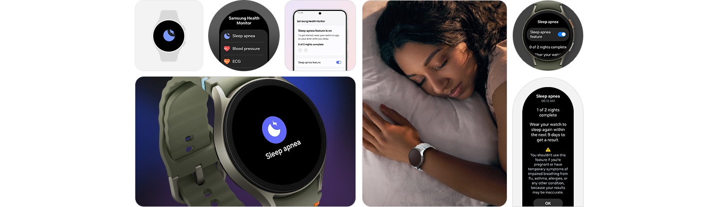 At the top left, three screens illustrate the sleep apnea feature. A Samsung Galaxy Watch displaying the Sleep apnea feature icon, a smartwatch screen displaying the Samsung Health Monitor app and a smartphone screen running the Samsung Health Monitor app, with the Sleep apnea feature turned on. At the bottom left, a Samsung Galaxy Watch shows the Sleep apnea feature icon with the text Sleep apnea. In the center, a woman sleeping with a Samsung Galaxy Watch on her wrist. At the top right, a Samsung Galaxy Watch displays the Sleep apnea feature toggle turned on. At the bottom right, a smartwatch screen shows that 1 of 2 nights of monitoring is complete, followed by a warning message and an OK button.