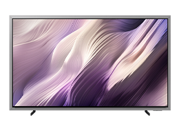 A Samsung OLED S95H TV displays white abstract landscape tinged in purple on screen.