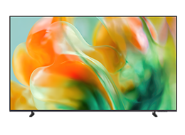 A Samsung Mini LED M80H TV displays abstract landscape in blue and red tones on screen.