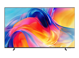 A Samsung Mini LED M70H TV displays blue, red and orange abstract design on screen.