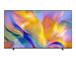 A Samsung Mini LED M90H TV displays blue, red and orange abstract design on screen.