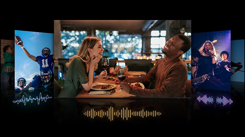 Sulle schermate si vedono diverse onde sonore, per mostrare l'ottimizzazione dell'audio in base ai contenuti riprodotti come dialoghi, sport e musica.