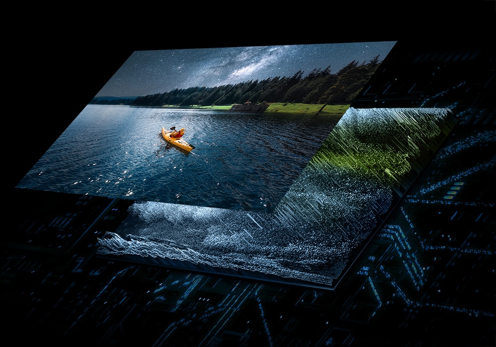 Uno strato di mini LED Quantum nella retroilluminazione illumina uno strato superiore, che mostra la scena di una barca sull'acqua con una qualità vivida.