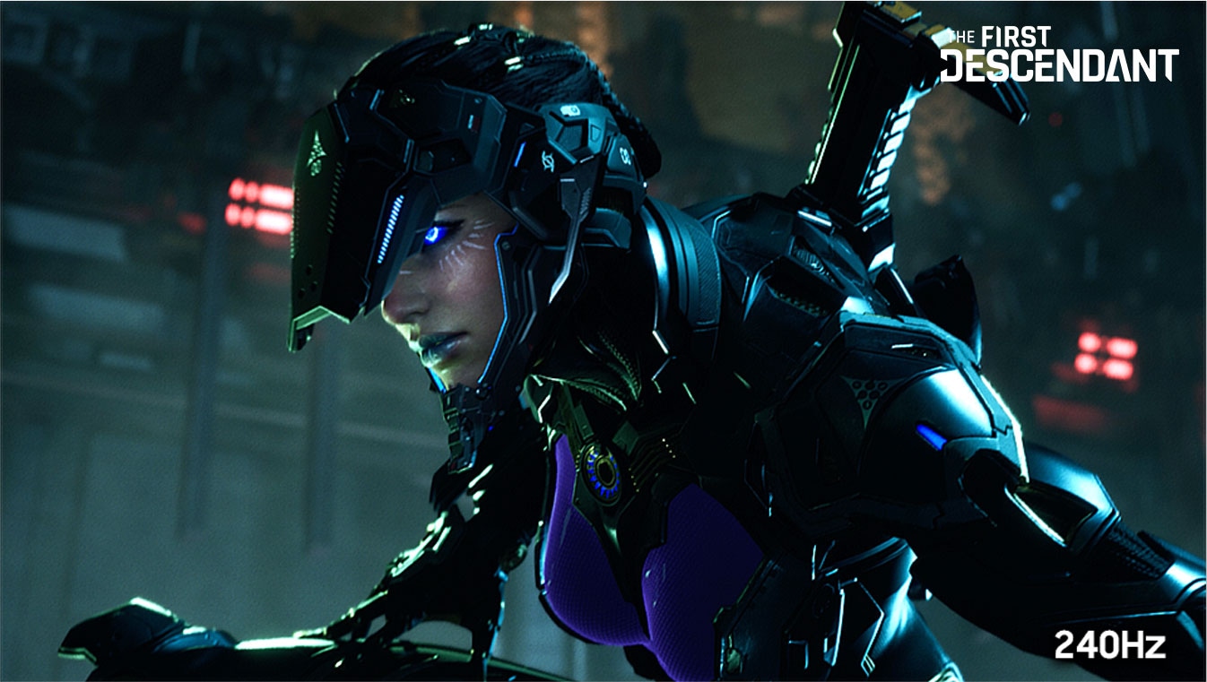 Una scena del trailer Nexon THE FIRST DESCENDANT viene riprodotta con minore nitidezza su un lato dello schermo contrassegnato dalla scritta "120 Hz" e con immagini incredibilmente nitide sull`altro lato, contrassegnato dalla scritta "240 Hz". L`utente può regolare la visualizzazione affiancata per mettere a confronto le due diverse qualità delle immagini.