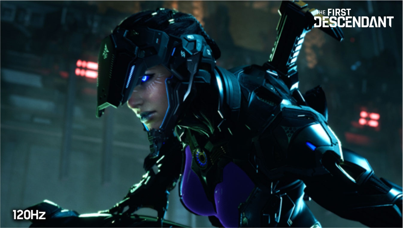 Una scena del trailer Nexon THE FIRST DESCENDANT viene riprodotta con minore nitidezza su un lato dello schermo contrassegnato dalla scritta "120 Hz" e con immagini incredibilmente nitide sull`altro lato, contrassegnato dalla scritta "240 Hz". L`utente può regolare la visualizzazione affiancata per mettere a confronto le due diverse qualità delle immagini.