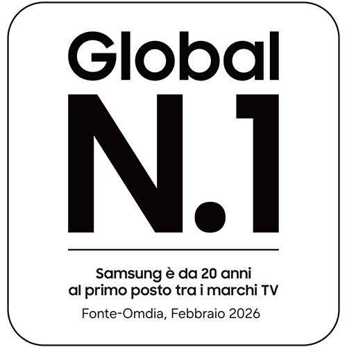 Il logo recita 'Da 19 anni il TV numero uno al mondo.' Samsung è da 20 anni il numero uno fra i marchi di televisori.